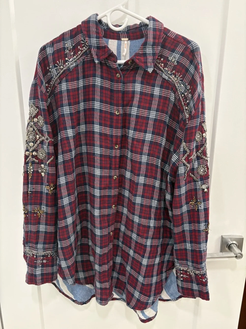 Free People Downtown Romance Red Blue Oversized Embellished Plaid Shirt Size L